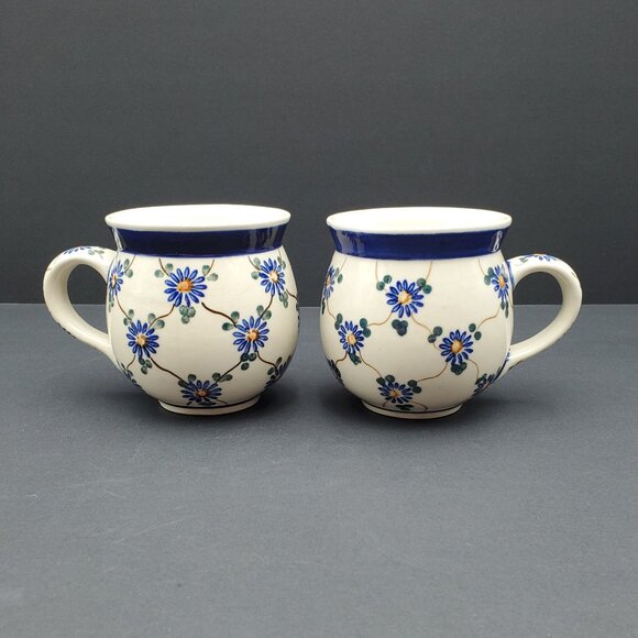 Polish Pottery Aster Trellis Mugs Made in Poland Blue Daisy Bubble Mugs - Picture 1 of 10